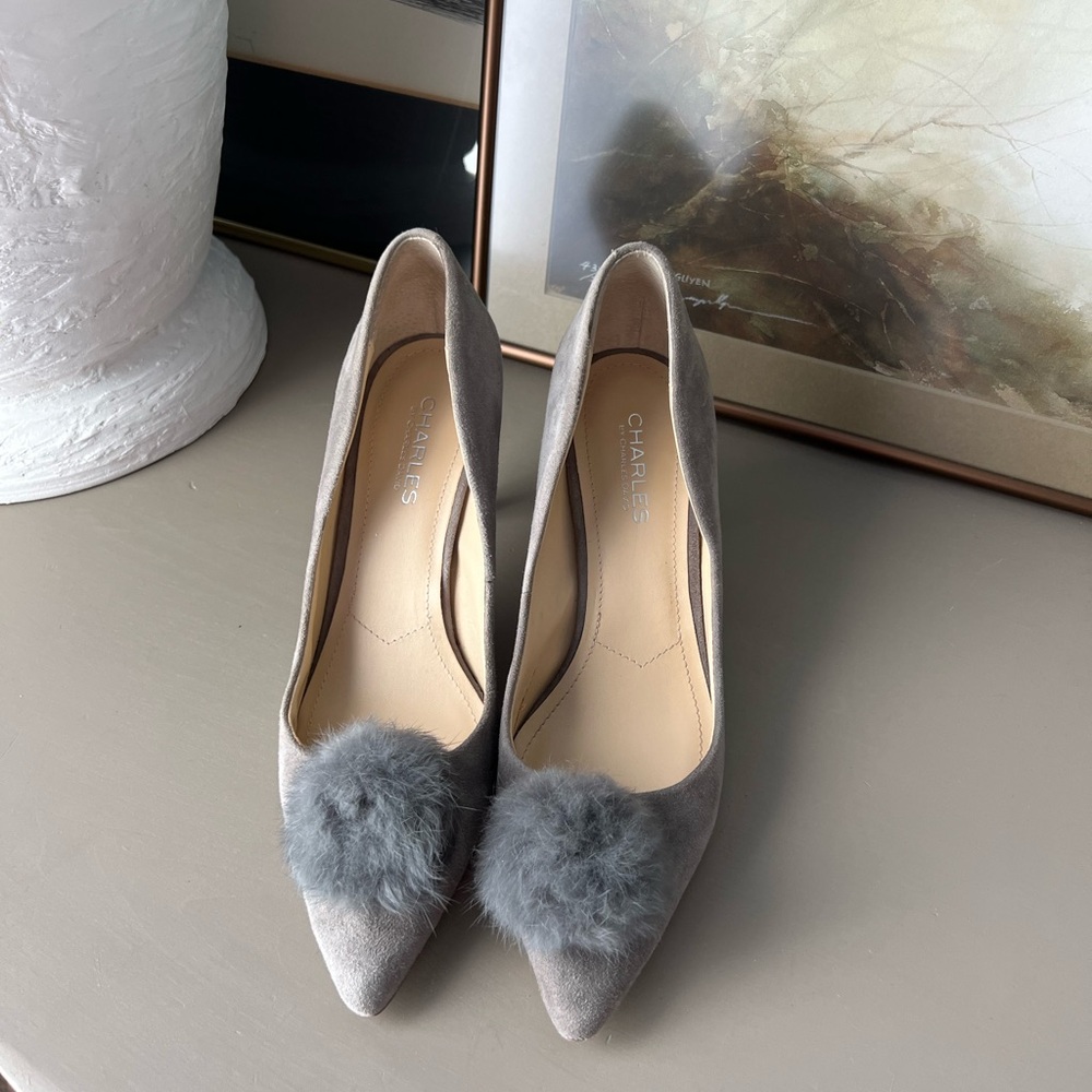 Charlies Elegant Gray Heels with Fluffy Accent
